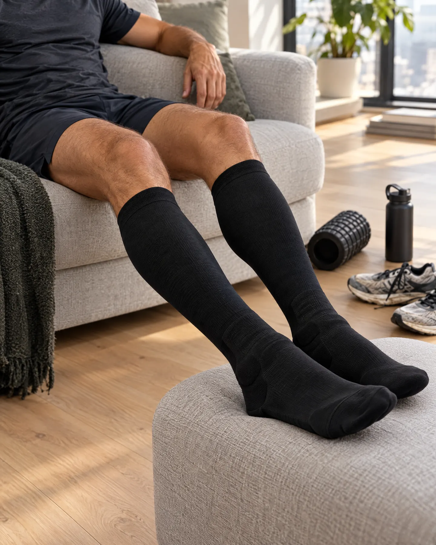 Nach dem Lauf auf dem Sofa, Beine hoch, in sokkens Recovery in Schwarz