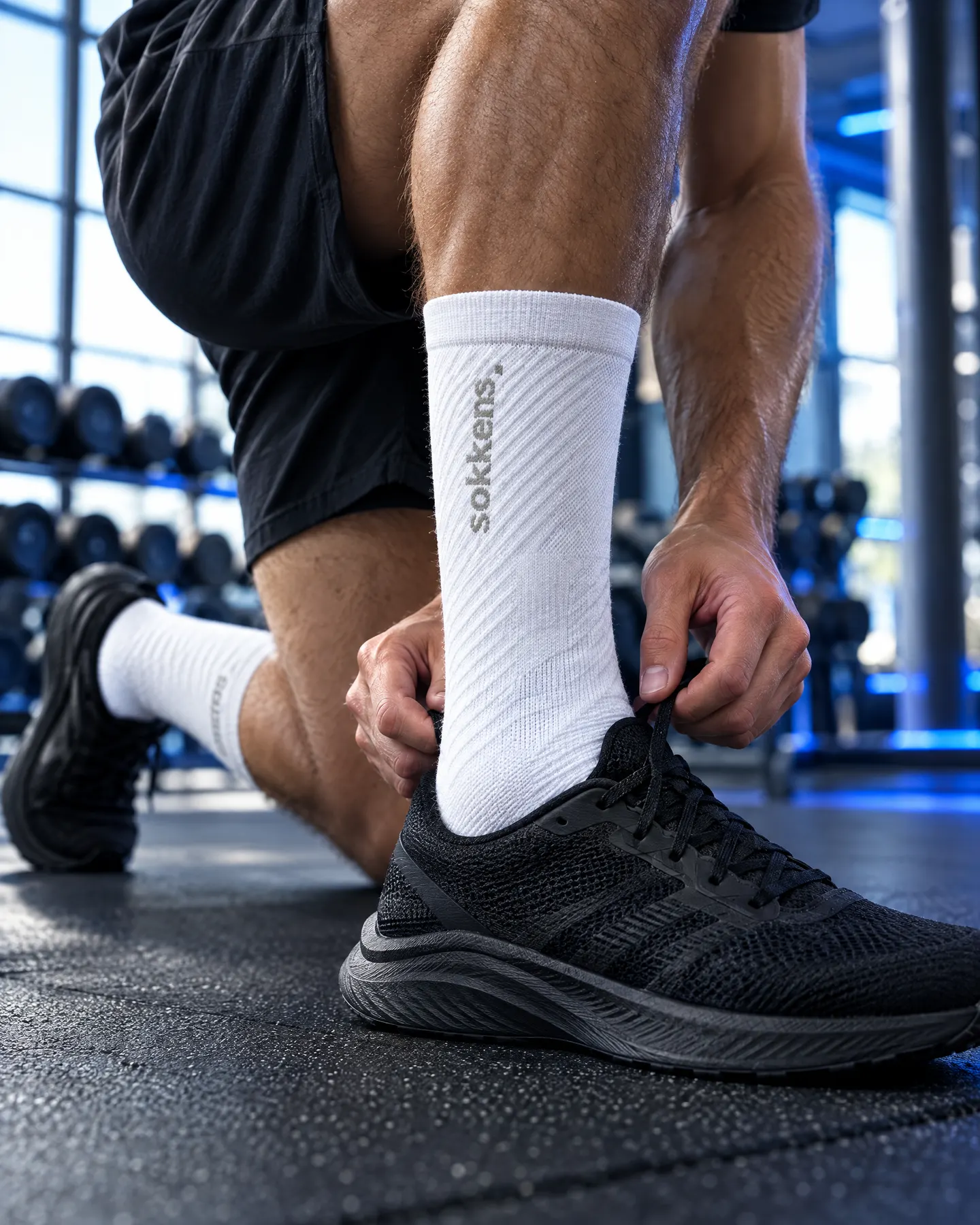 Athlet bindet im Gym die Laufschuhe, sokkens Training in Weiß mit Logo am Schaft